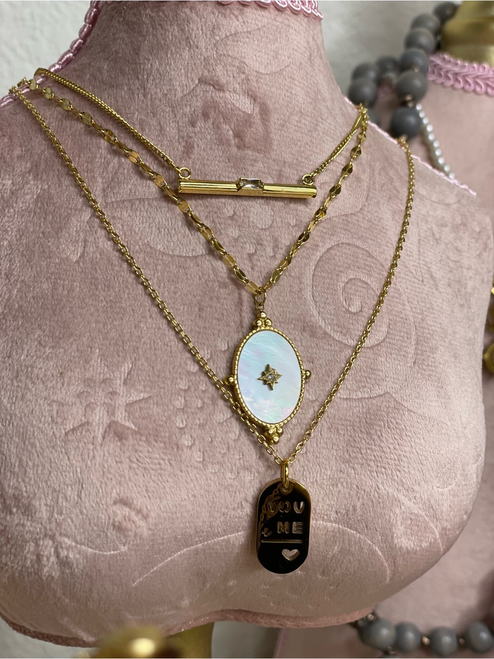 Gold Layered Pendant Necklace Set with Mother of Pearl and Engraved Tag